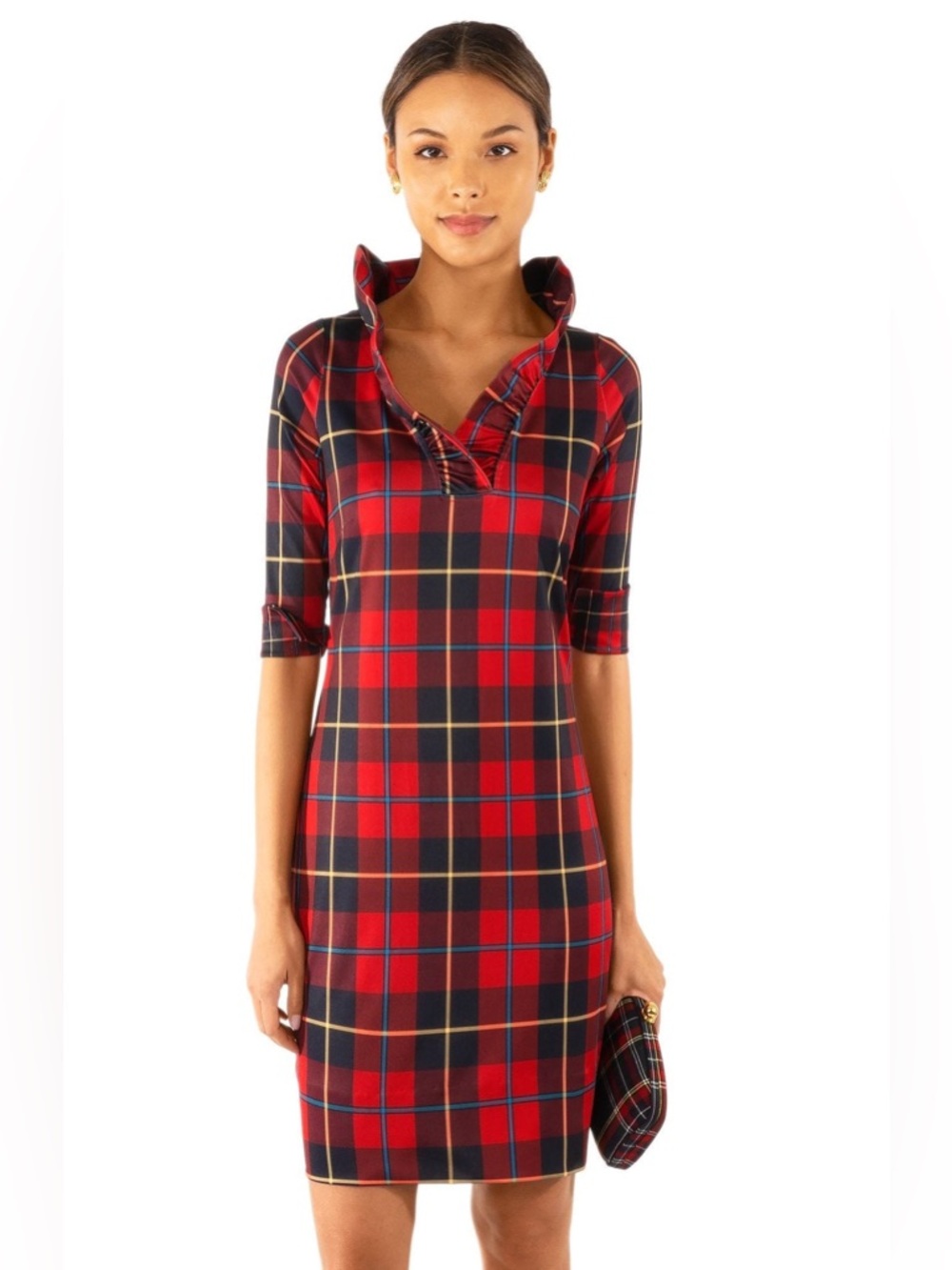 Gretchen Scott Ruff Neck Dress Plaidly Cooper Size XL